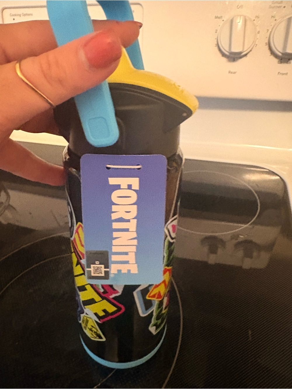 Fortnite Black Sticker-Print Water Bottle with Blue Handle and Yellow Lid